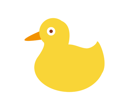 Duck made of plastic, toy of yellow color with eyes and beak, object for kids to bathe with it, vector illustration, isolated on white backgroundのイラスト素材