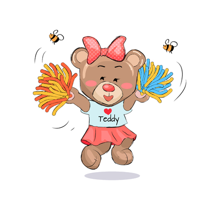 Lovely Teddy Girl in Cheerleading Uniform with Pomsのイラスト素材