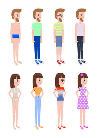 Girl and Guy in Summer Clothes Stands in Profileのイラスト素材