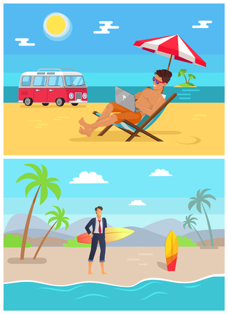 Men with Work as Freelancers on Sandy Beaches Setのイラスト素材