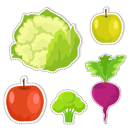 Ripe Fruits and Vegetables Vector Stickers Setのイラスト素材