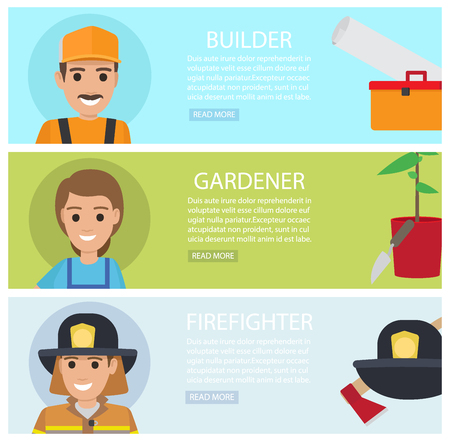 People professions web banners set. Builder, gardener and firefighter cartoon characters with instrument or implement flat vector. People occupations horizontal illustrations for job vacancy web pageのイラスト素材