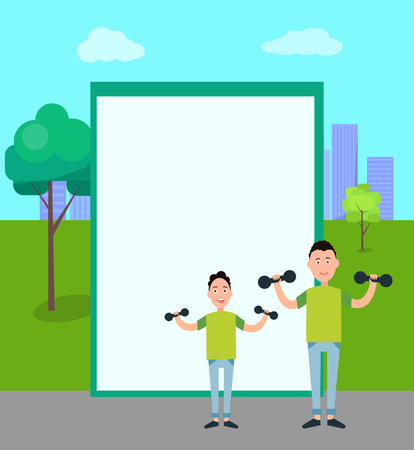 Father and Son Train with Dumbbells vectorのイラスト素材