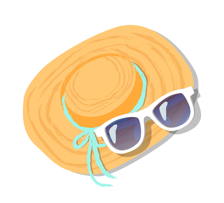 Female Straw Hat Decorated Blue Ribbon Sunglassesの写真素材