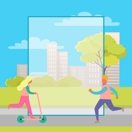 Rollerskating Man and Girl on Kick Scooter in Parkのイラスト素材