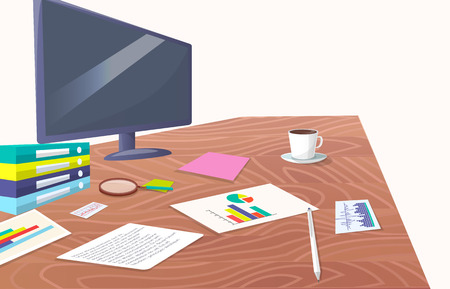 Work Place with Big Screen and Paper Documentsのイラスト素材