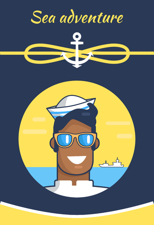 Sea Adventure Colorful Banner with Cheerful Sailorのイラスト素材