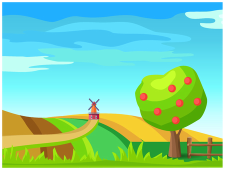 Rural Farm Landscape with Windmill on Field Vectorのイラスト素材