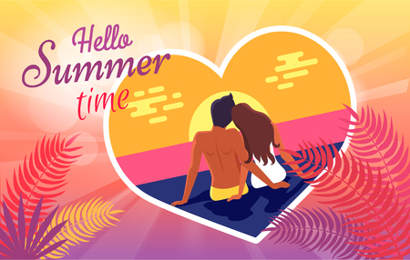 Hello Summer Time Poster with Couple in Love on Beachのイラスト素材