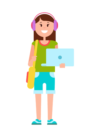 Teenage Girl with Modern Laptop and Headphonesのイラスト素材