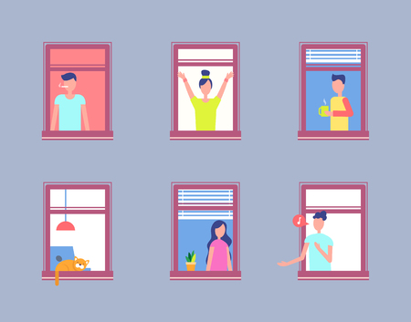 Set People Open Window. Men and Women Neighboursのイラスト素材