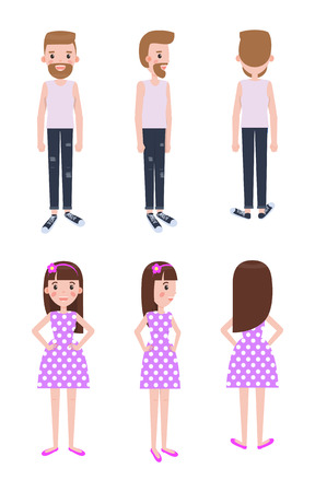 Guy in casual clothes and girl in polka-dot dress. Male and female characters models from all foreshortening isolated cartoon vector illustrations.のイラスト素材