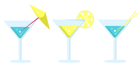 Set of cocktails in martini glasses decorated with yellow umbrella, lemon slice and straws vector illustrations isolated. Refreshing summer alcoholic drinkのイラスト素材