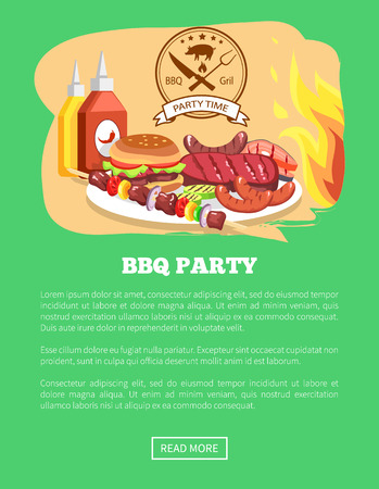 BBQ party website and button, text sample and headline, burger and fire, sausage and steak, bbq party and sauce vector illustration isolated on greenのイラスト素材