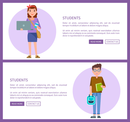 Students web pages design with push buttons read more and contact us, online posters with girl holding laptop and boy in glasses with backpack and bookのイラスト素材