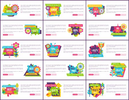 Internet pages set special promotion premium total sale labels on horizontal posters, cartoon flowers vector blooming buds final sale online bannersのイラスト素材