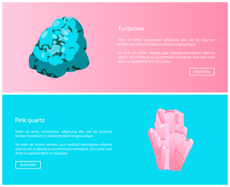 Turquoise and pink quartz minerals composed of silicon and oxygen atoms, semi-precious gemstones, expensive minerals vector web online posters setのイラスト素材