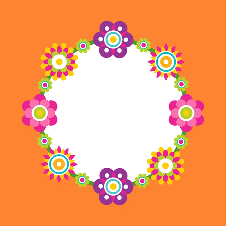 Photo frame made of abstract flower blossoms, vector illustration of springtime flowers in cartoon style, blooming elements isolated on orange backdropのイラスト素材