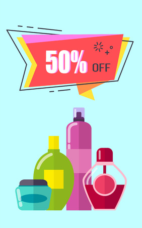 Off -50 placard with cosmetic products and headline in geometric shape, lotions and liquids in containers, vector illustration, isolated on blueのイラスト素材