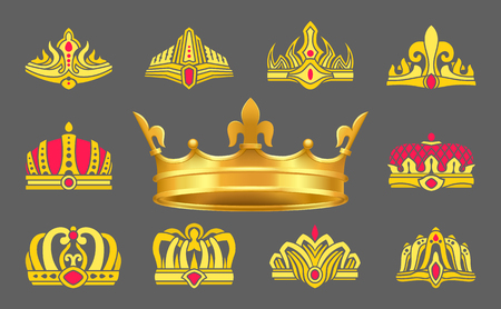 Luxurious gold crowns inlaid with ruby stones set. Heraldic accessories for whole royal family. Expensive crowns of gold vector illustrations set.のイラスト素材