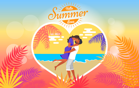 Hello summer love heart shape poster with man lifting his girlfriend and kissing on seaside under palm tree vector on background of sea and skyのイラスト素材