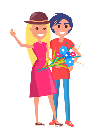 Happy smiling couple with bouquet of flowers vector illustration isolated on white. Lady in hat and smiling brunette boy in cartoon styleのイラスト素材