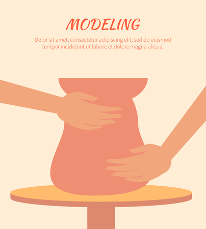 Modeling process, pottery art, vector illustration with pot rotating on pottery wheel, text sample, master s hands, art work, pretty handmade vaseのイラスト素材