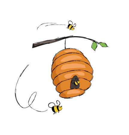 Bees flying into hive hanging on tree branch vector illustration isolated on white. Home for insects where honey is produced, bee in cartoon style designのイラスト素材