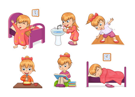 Girl and daily routine collection, waking up, brushing teeth, stretching and eating, studying and sleeping, daily routine set vector illustration