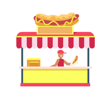 Hot-dog stand, colorful card vector illustration isolated on white backdrop cute shop with big hot-dog layout on top, cheerful salesman, striped coverのイラスト素材