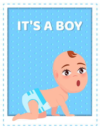 Its a boy poster with toddler infant in diaper crawls on all fours with wide open mouth vector illustration with little child isolated on blue background.のイラスト素材