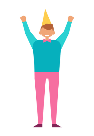 Man celebrate birthday party in festive cap with hands up vector illustration isolated on white background. Cartoon style boy entertain on birthday festのイラスト素材