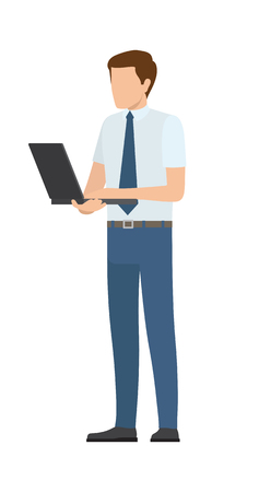 Office worker with notebook, startup with internet concept, freelancer. Man standing full length working on laptop vector illustration isolated on white.のイラスト素材