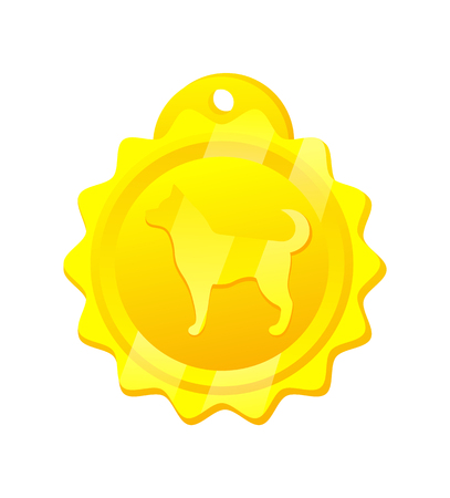 Golden medal for dog, prize for champion and leader, rounded shaped golden medal with dog image, vector illustration isolated on white backgroundのイラスト素材