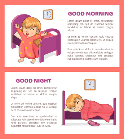 Good morning and night set of banners with text sample and headlines, girl sleeping and waking up, morning and night isolated on vector illustrationのイラスト素材