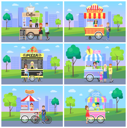 Set of mobile fast street food kiosks in city park vector illustration with pretty design snack shops, coffee popcorn pizza ice cream and hot dogのイラスト素材