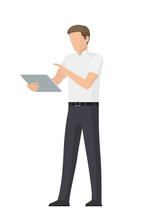 Busy man using tablet PC for business, colorful vector banner isolated on white, businessman in white shirt and black trousers, bright illustrationのイラスト素材