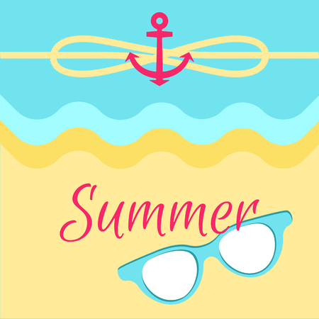 summer bright poster, colorful vector illustration, abstract water and sandy beach, cute summer sunglasses, red anchor, yellow rope, cordage loopの写真素材