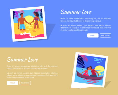 Summer photos of lovely couple relaxing in ocean or in boat by holding hands and kissing. Poster with photo cards and information text.のイラスト素材
