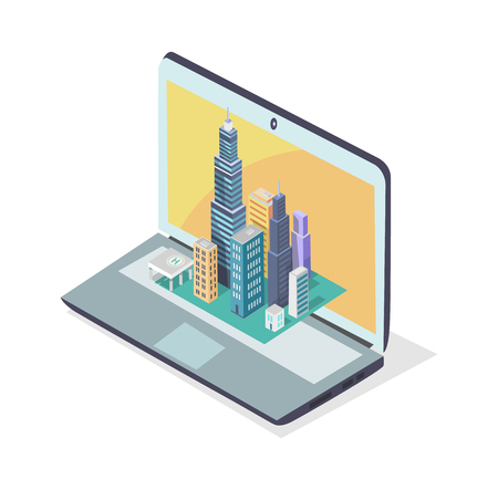 Modern city mockup located on laptop color poster, skyscrapers and helicopter pad, square buildings, downtown layout, modern device with yellow screenのイラスト素材