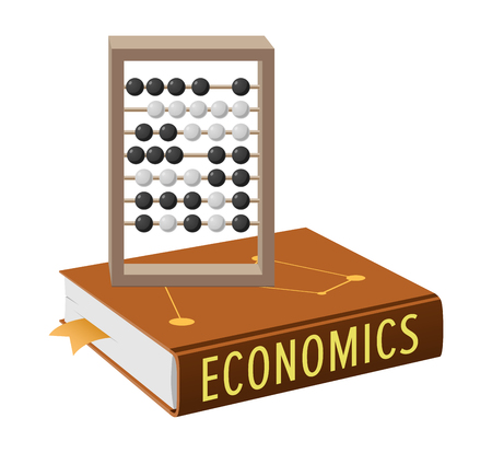 Economics book and abacus with grey wooden frame and movable black-and-white beads isolated vector, accounting and marketing conceptsのイラスト素材