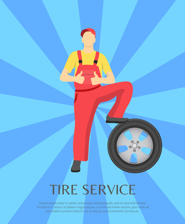 Service banner and worker placing his leg on tire made of rubber, auto mechanic wearing red uniform, striped blue background, vector illustrationのイラスト素材