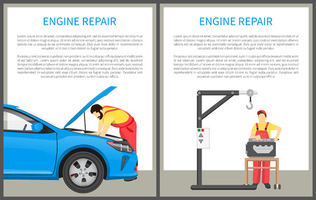 Engine repair posters collection with text sample in white boxes, workers fixing car, repairmen near devices tools banners set vector illustrationのイラスト素材