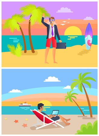 Summer job and seaside, people freelance on summertime beach, man wearing suit, diving mask, freelancers at workplace vector illustrationのイラスト素材