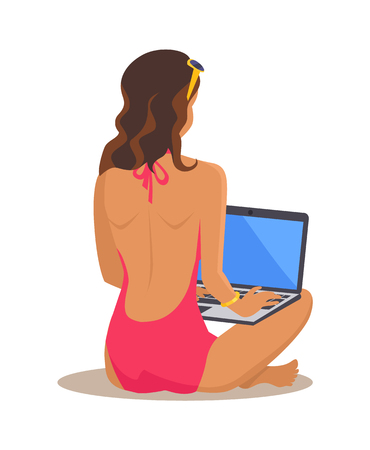 Freelance Woman and Laptop Vector Illustrationのイラスト素材