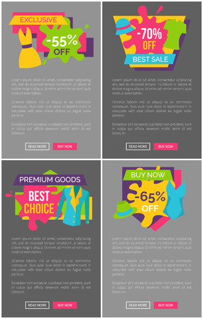 Exclusive 55 off 70 best sale premium goods choice buy now 65 set of advertisement labels clothing apparel dresses, t-shirts and jacket webpagesのイラスト素材