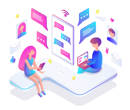 Teenagers chat Internet through modern gadgets. Girl and boy text in messenger with laptop or smartphone. Teens chating online vector illustration.のイラスト素材
