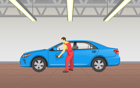 Car polishing in garage, job of man wearing uniform and washing transport with sponge, room elighted lamps lights, auto service vector illustrationのイラスト素材