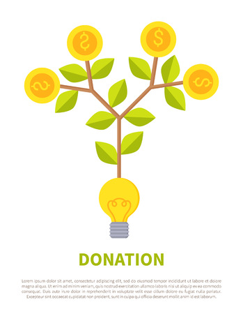 Donation promotional emblem with money on tree grown from light bulb. Conceptual label about how to get investment idea vector illustration isolatedのイラスト素材