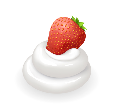 Ripe strawberry on top of whipped cream swirl. Sweet berry and tender dairy product that used as topping for desserts isolated vector illustration.のイラスト素材